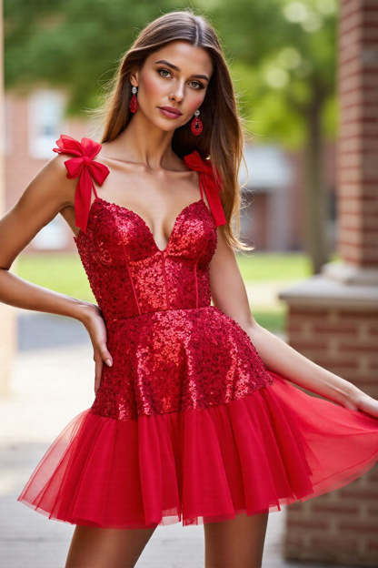 Sparkly Dark Red Corset Sequin A Line Short Homecoming Dress with Bows