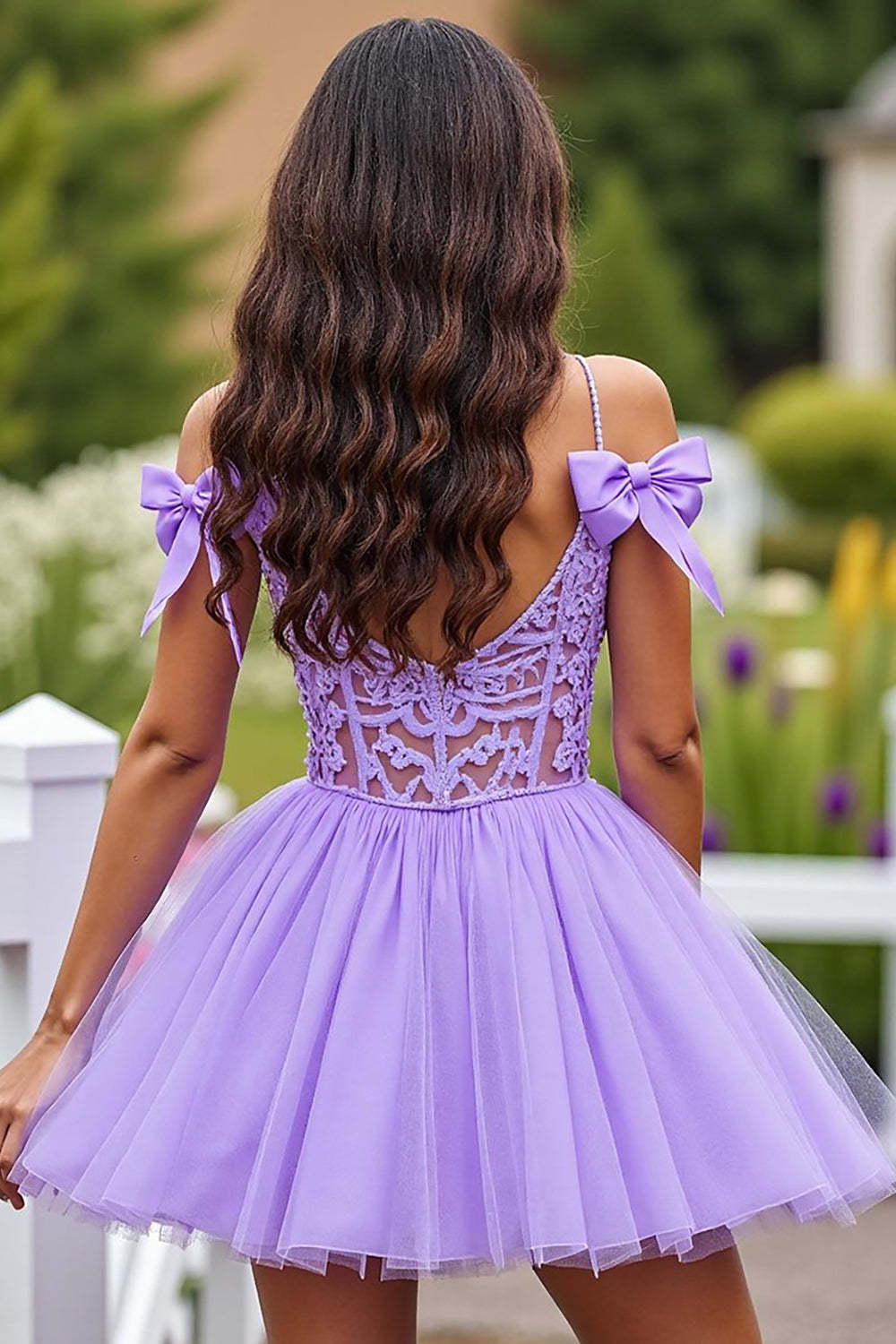 A Line Corset Lavender Short Tulle Homecoming Dress with Lace