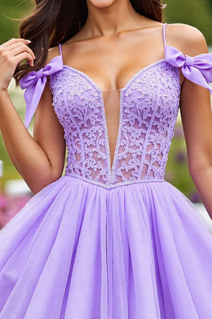A Line Corset Lavender Short Tulle Homecoming Dress with Lace