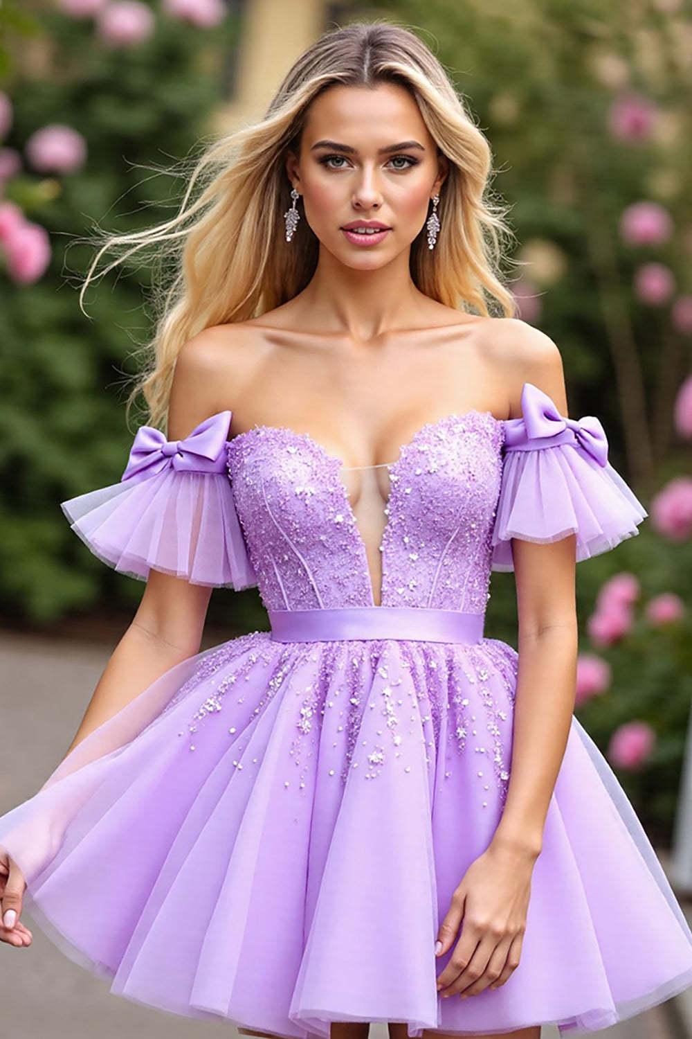Leely Women Cute Lavender Corset Short Homecoming Dress with Appliques Tulle A Line Off the Shoulder Birthday Dress with Bows