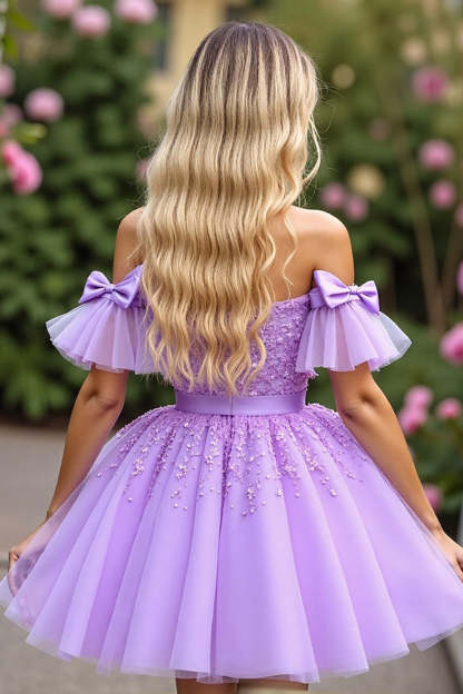 Cute Corset Lavender Short Tulle Homecoming Dress with Appliques