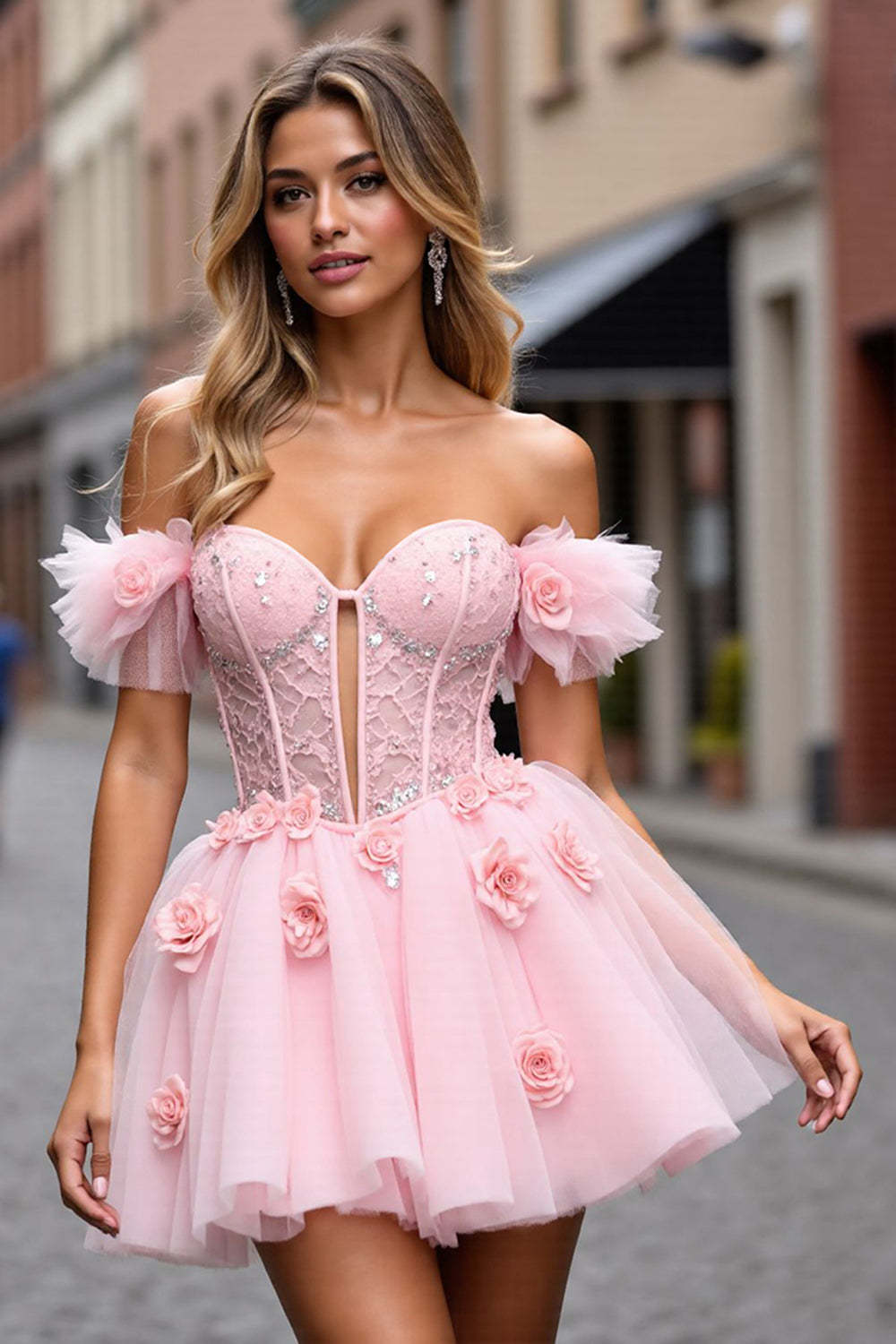 Leely Women Blush Corset Short Homecoming Dress with Lace 3D Flowers Off the Shoulder A Line Tulle Lace-Up Back Keyhole Birthday Dress