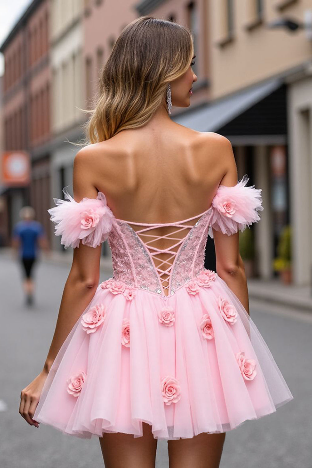 Blush Corset 3D Flowers Short Homecoming Dress with Lace