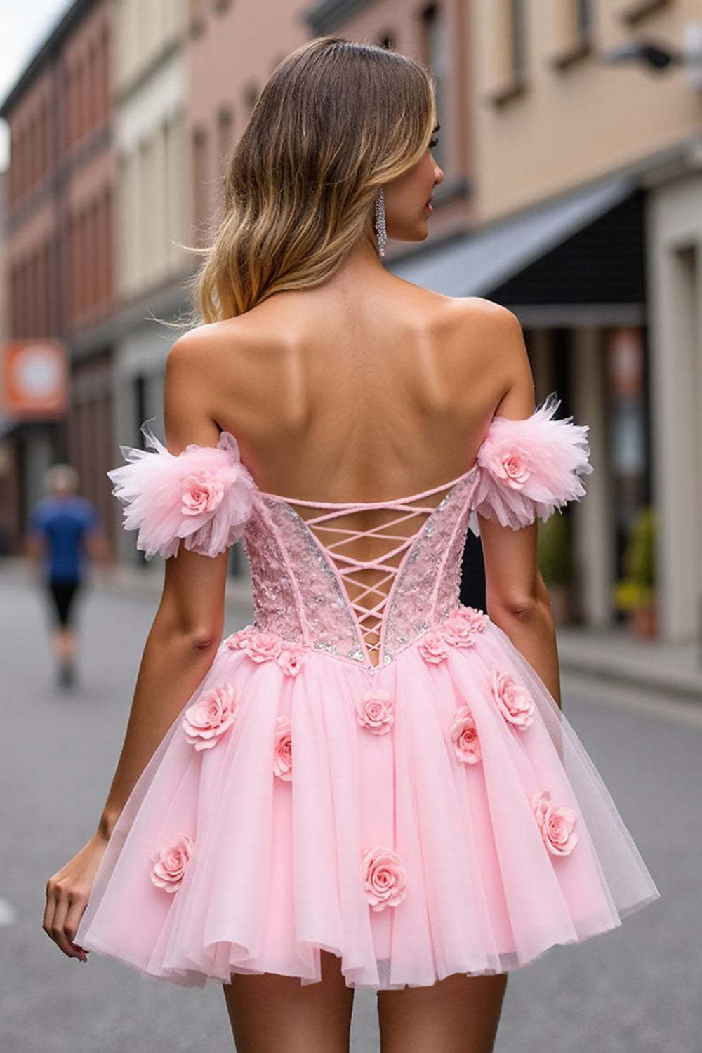Blush Corset 3D Flowers Short Homecoming Dress with Lace