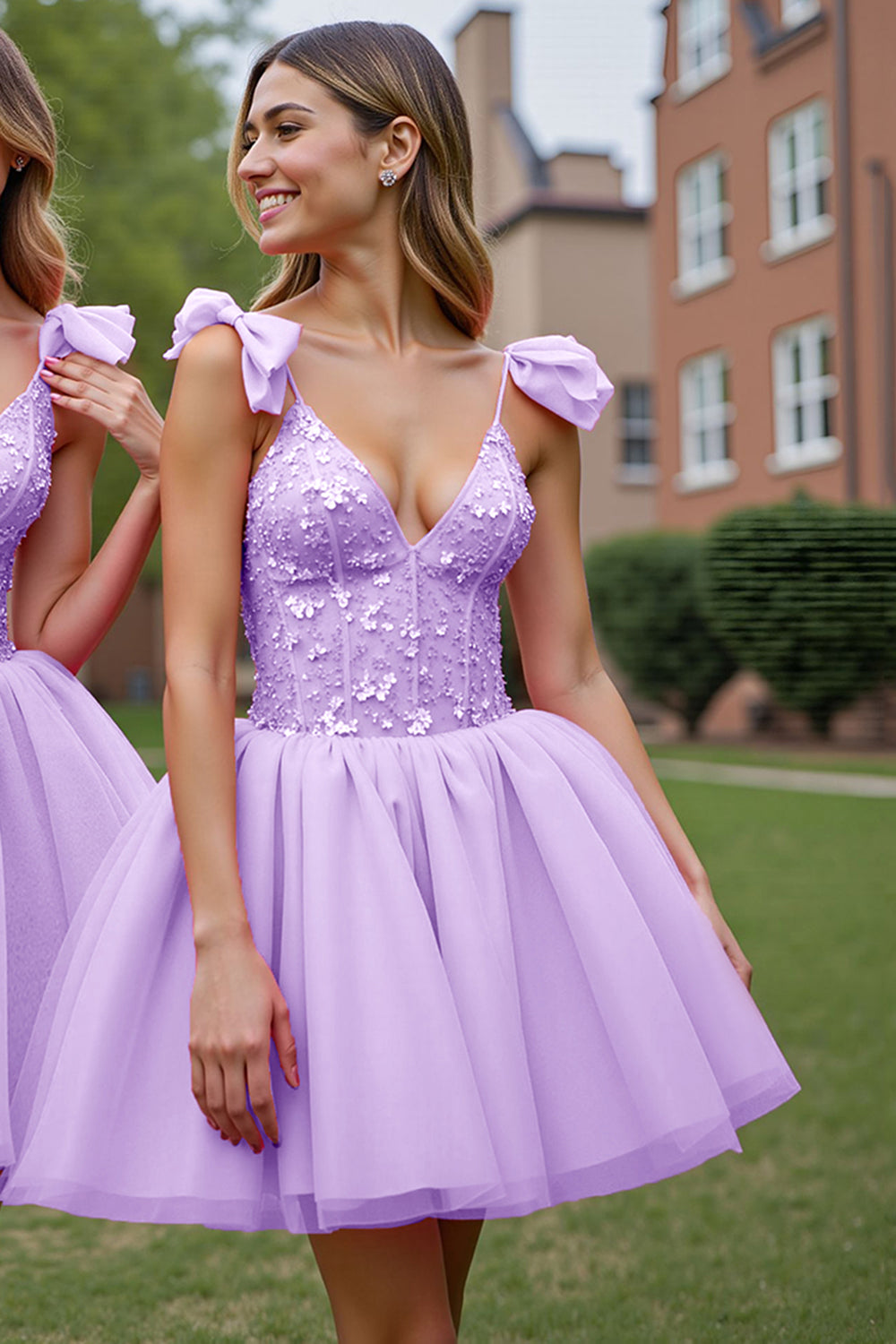 A Line Lilac Corset Tulle Short Homecoming Dress with Appliques