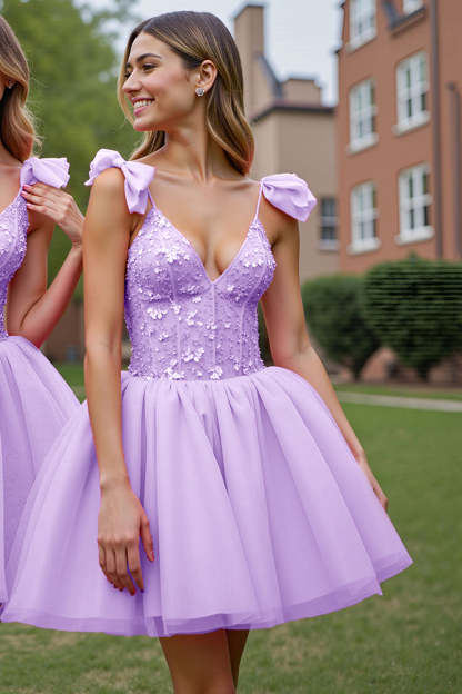A Line Lilac Corset Tulle Short Homecoming Dress with Appliques