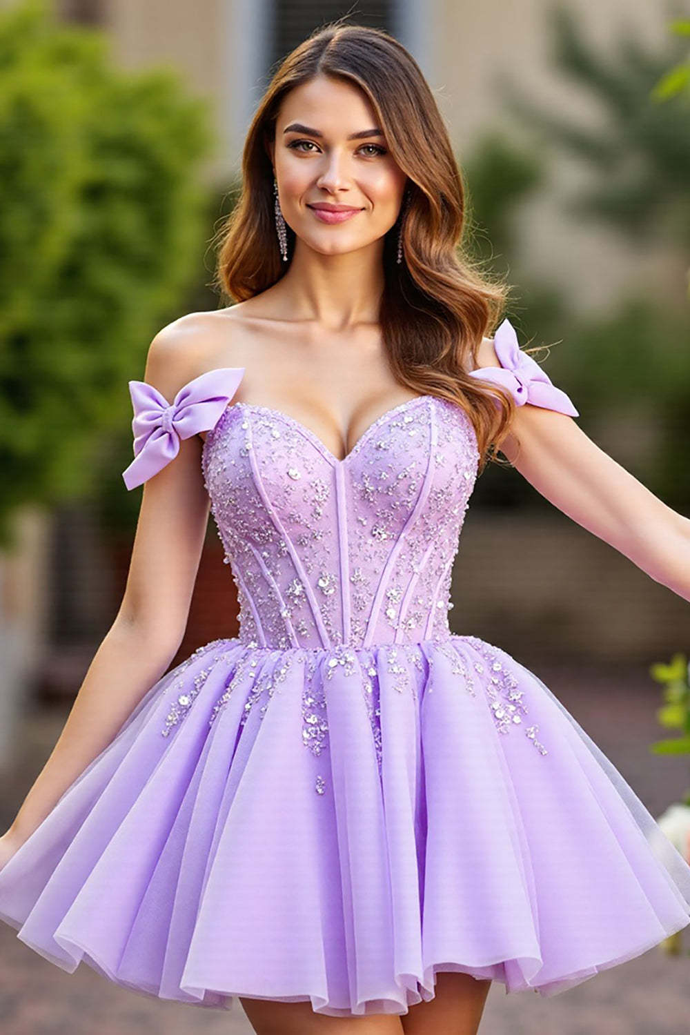 Leely Women Lavender Corset Short Homecoming Dress Sweetheart Tulle A Line Party Dress with Bows