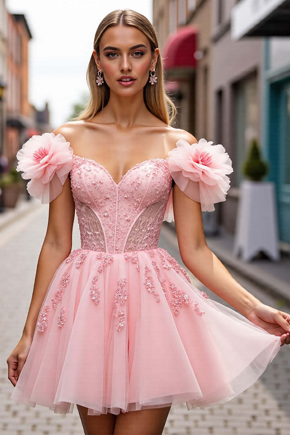 Leely Women Blush Corset Floral Short Homecoming Dress with Appliques Tulle A Line Off the Shoulder Birthday Dress