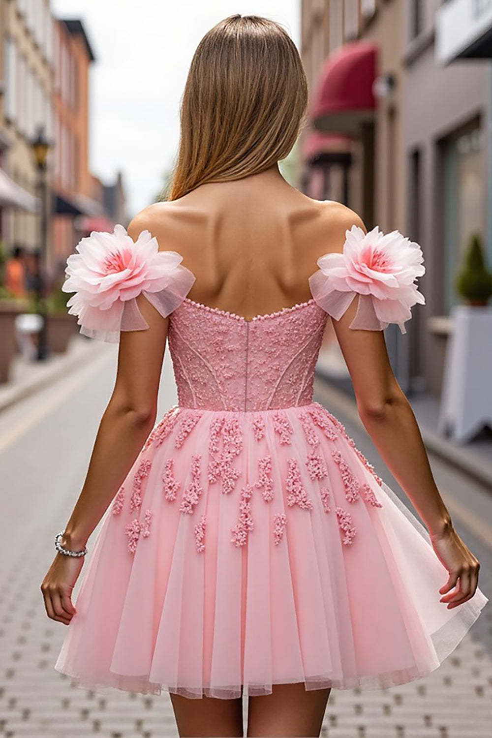 Blush Corset Floral Short A Line Homecoming Dress with Appliques