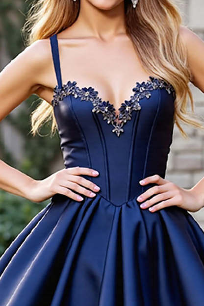 Navy Corset Short Satin Homecoming Dress with Applique