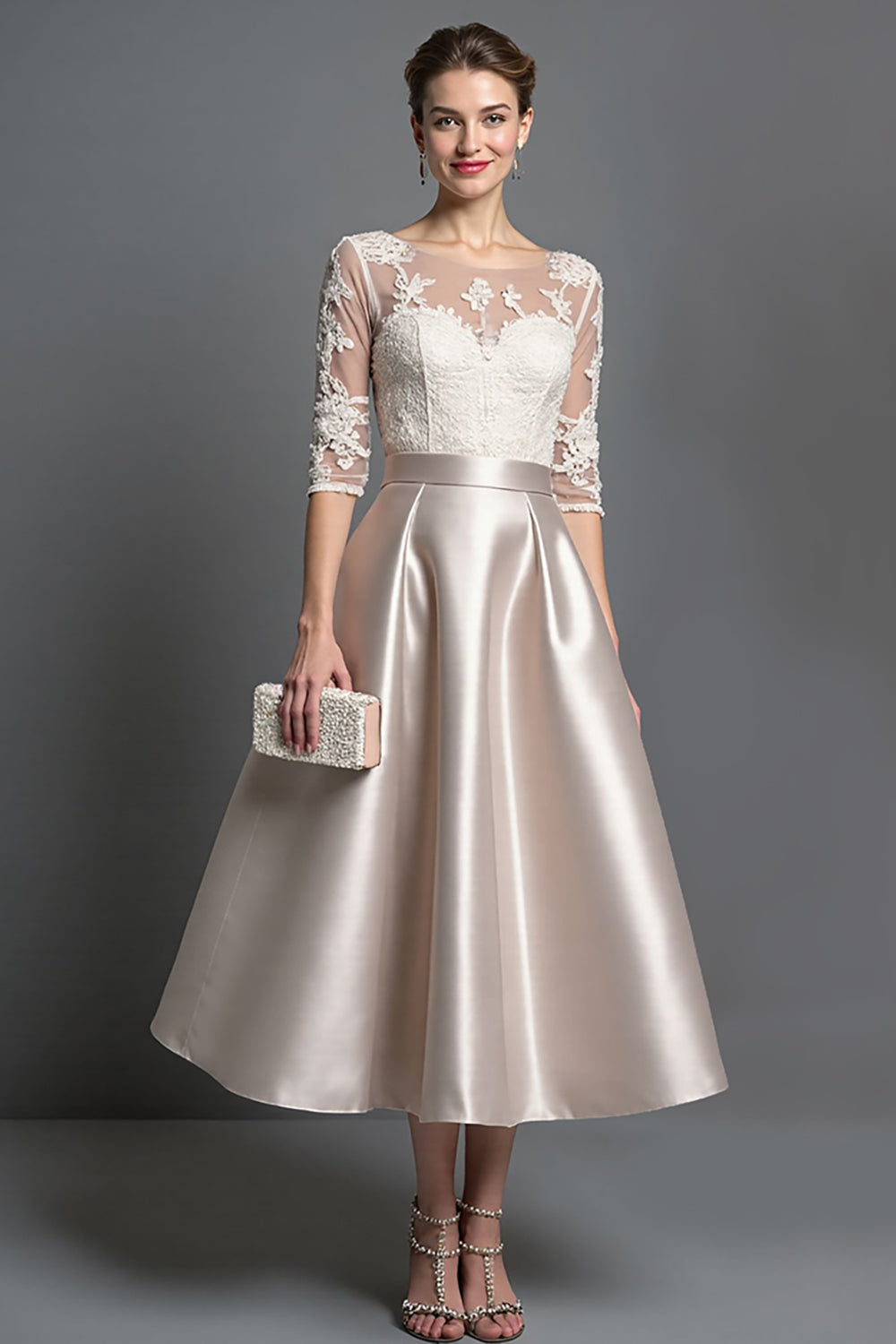 Apricot Satin Illusion Neck A Line Midi Mother of the Bride Dress with Lace