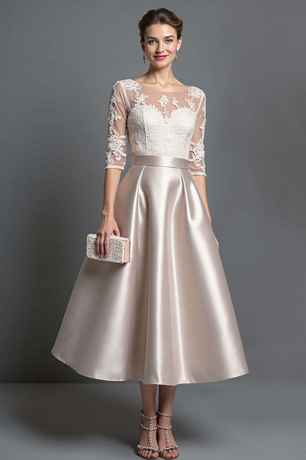 Leely Women Apricot Satin A Line Midi Mother of the Bride Dress with Lace Illusion Neck Half Sleeves Wedding Guest Dress