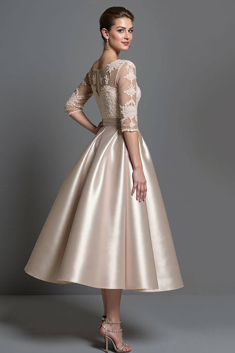 Apricot Satin Illusion Neck A Line Midi Mother of the Bride Dress with Lace