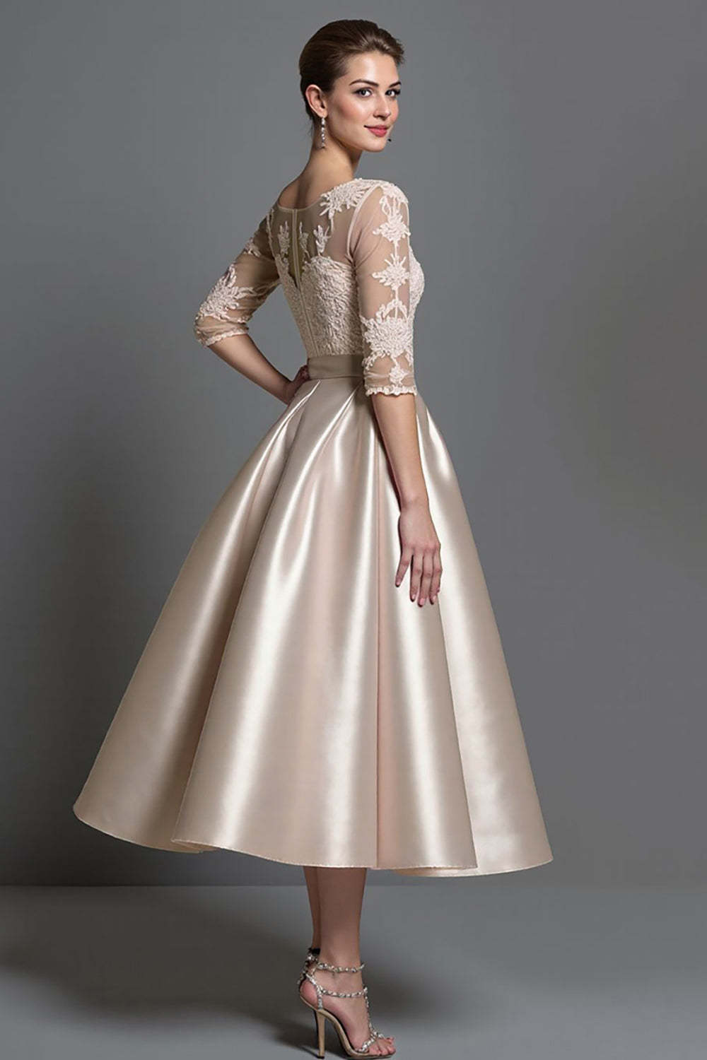 Apricot Satin Illusion Neck A Line Midi Mother of the Bride Dress with Lace