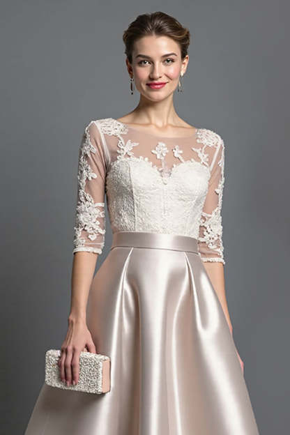 Apricot Satin Illusion Neck A Line Midi Mother of the Bride Dress with Lace