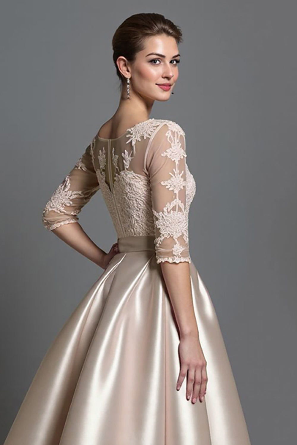 Apricot Satin Illusion Neck A Line Midi Mother of the Bride Dress with Lace