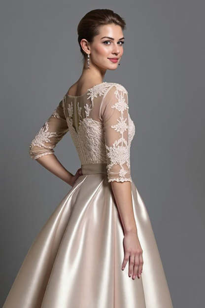 Apricot Satin Illusion Neck A Line Midi Mother of the Bride Dress with Lace