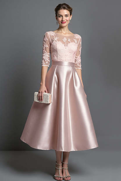 Apricot Satin Illusion Neck A Line Midi Mother of the Bride Dress with Lace