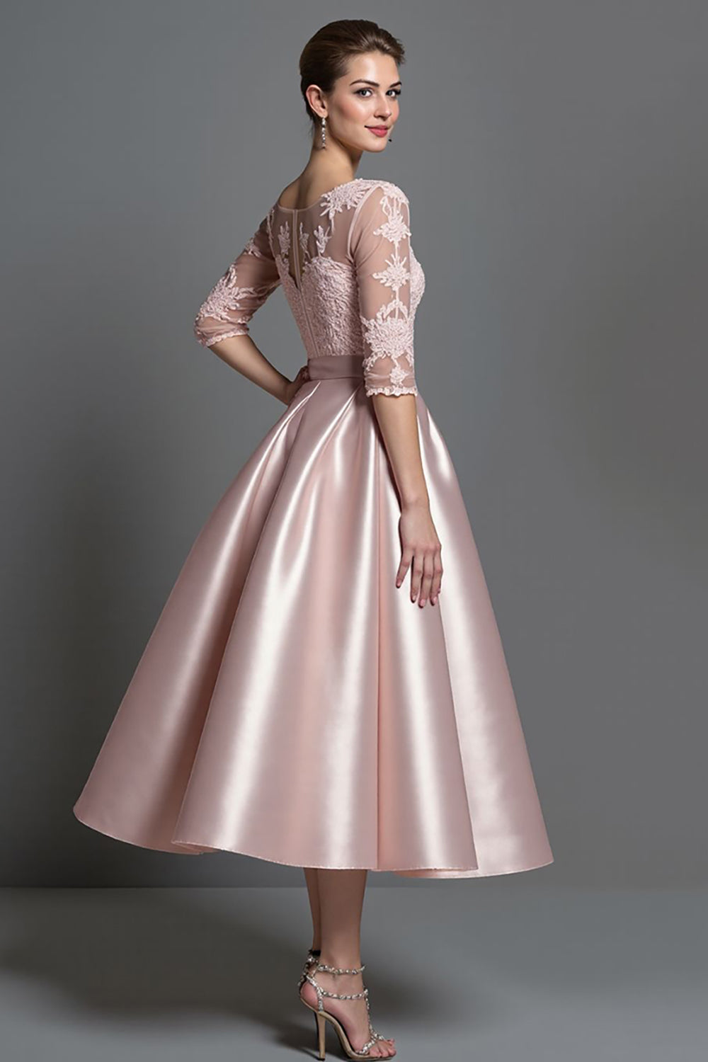 Apricot Satin Illusion Neck A Line Midi Mother of the Bride Dress with Lace