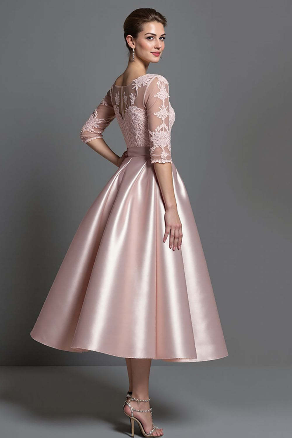 Apricot Satin Illusion Neck A Line Midi Mother of the Bride Dress with Lace