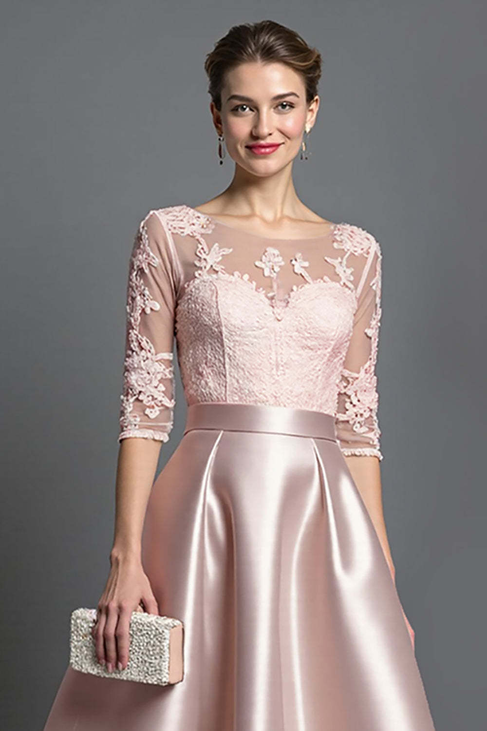 Apricot Satin Illusion Neck A Line Midi Mother of the Bride Dress with Lace