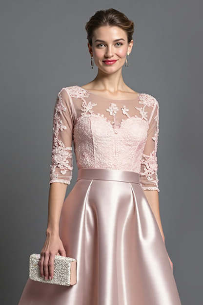 Apricot Satin Illusion Neck A Line Midi Mother of the Bride Dress with Lace