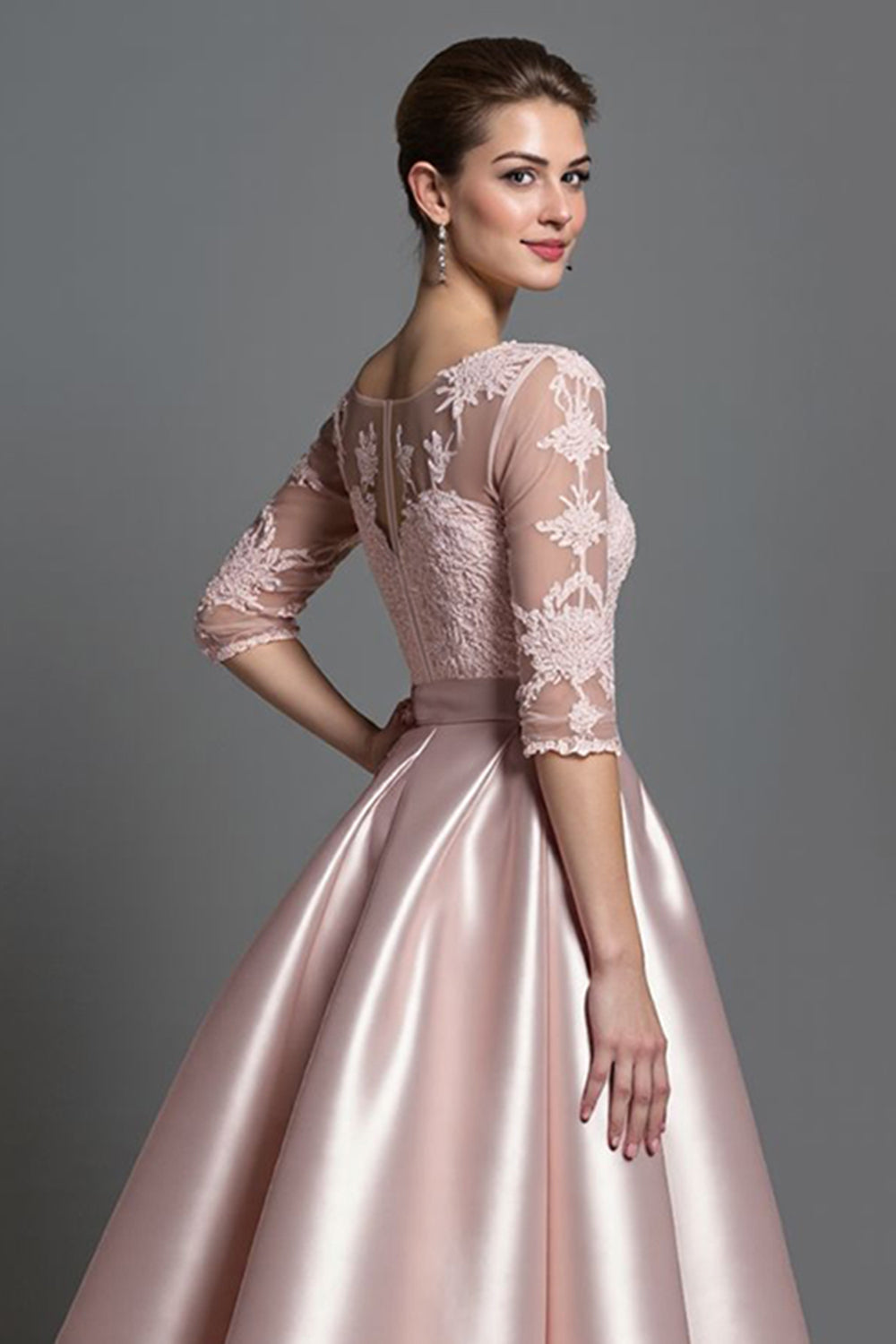 Apricot Satin Illusion Neck A Line Midi Mother of the Bride Dress with Lace