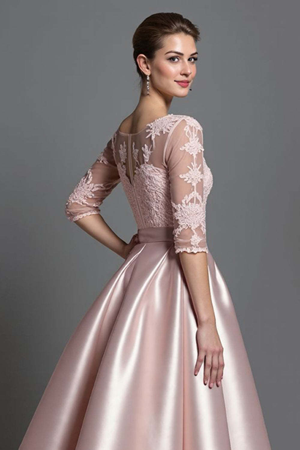 Apricot Satin Illusion Neck A Line Midi Mother of the Bride Dress with Lace