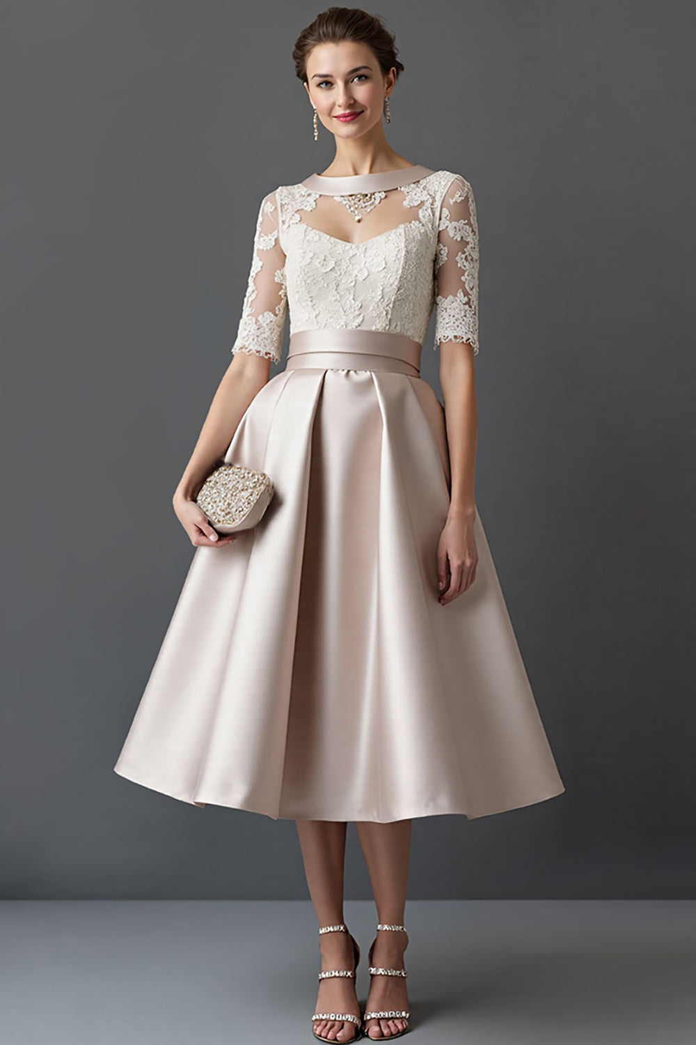 Apricot A Line Half Sleeves Satin Midi Mother of the Bride Dress with Lace