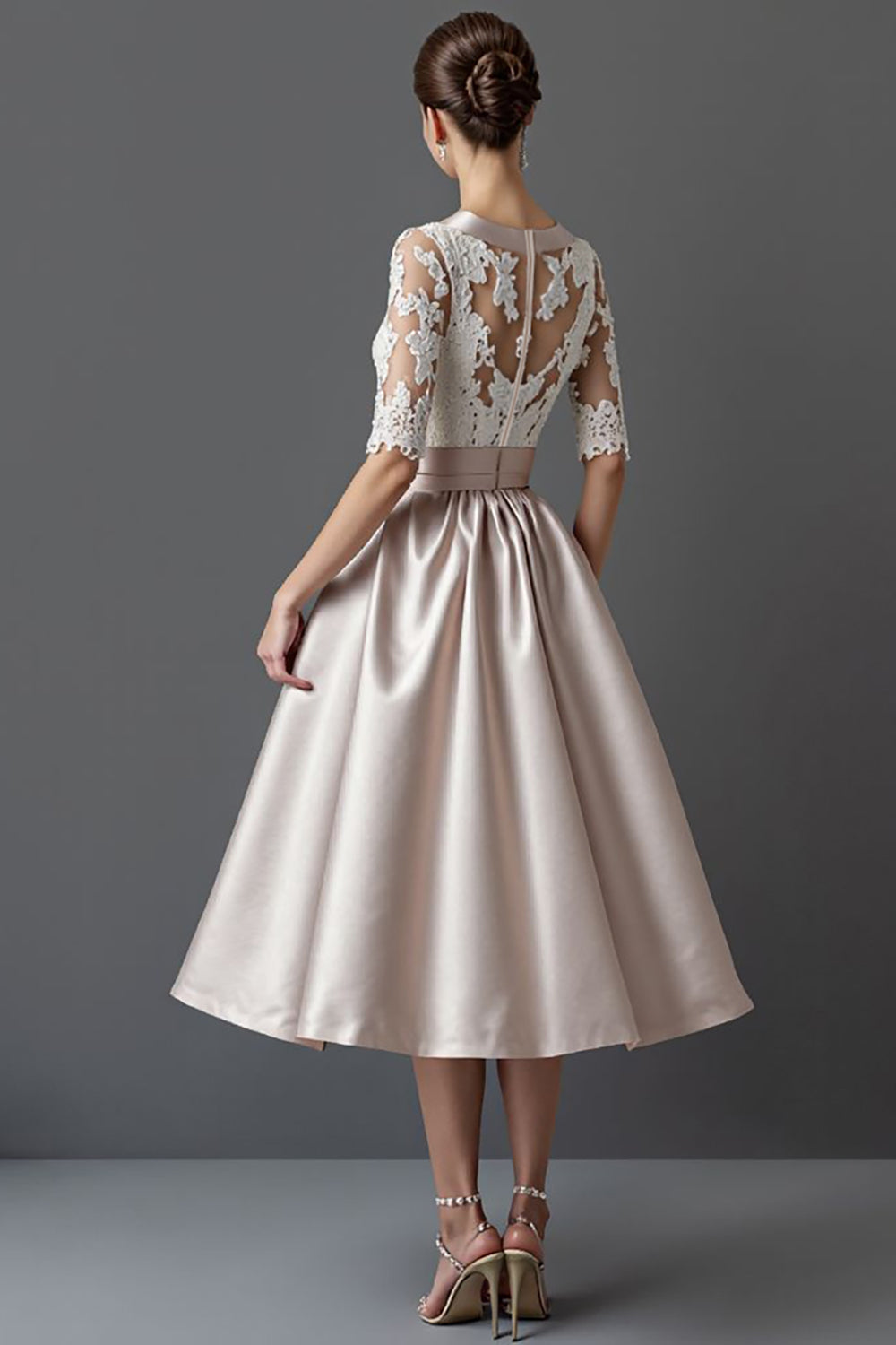 Apricot A Line Half Sleeves Satin Midi Mother of the Bride Dress with Lace