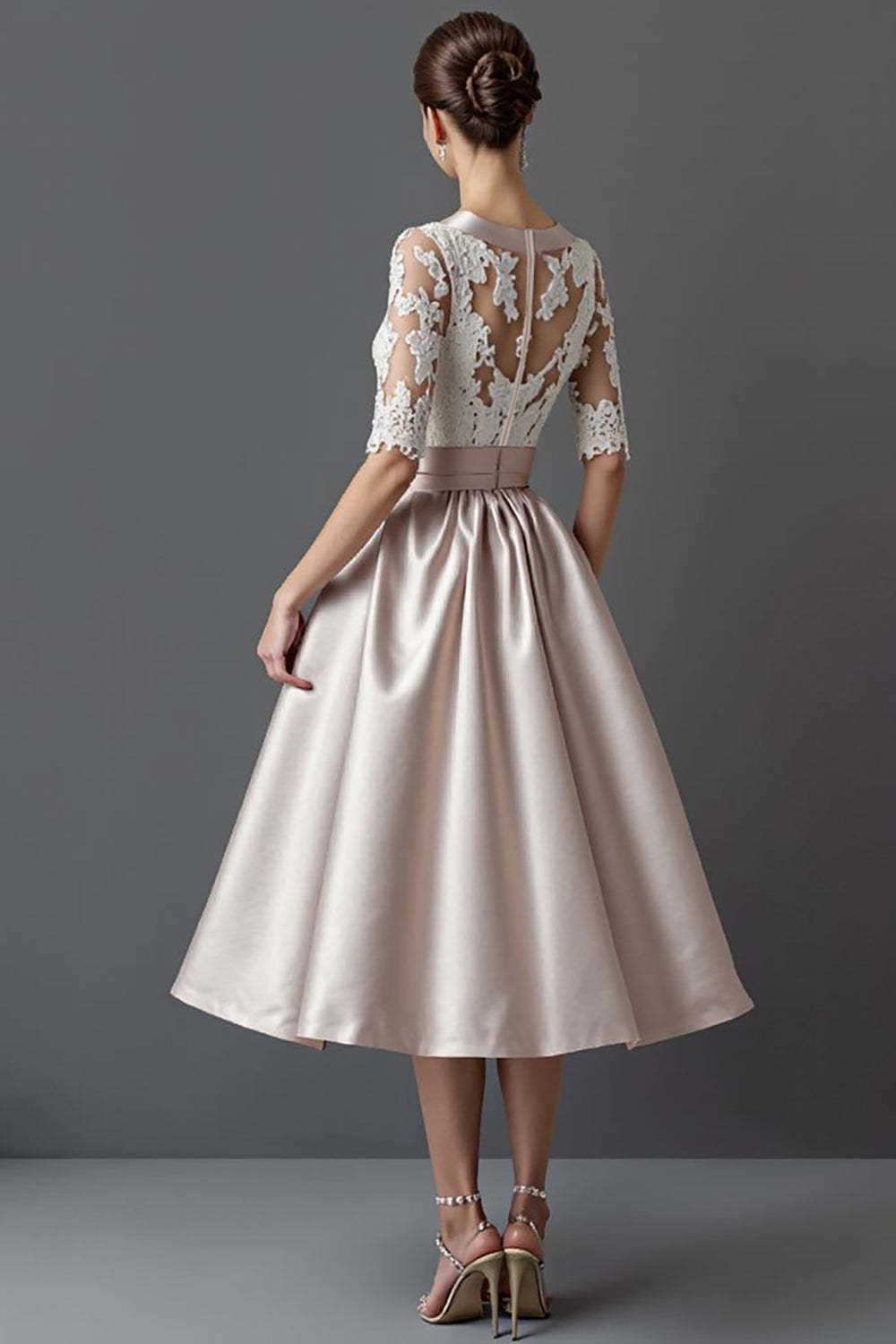 Apricot A Line Half Sleeves Satin Midi Mother of the Bride Dress with Lace