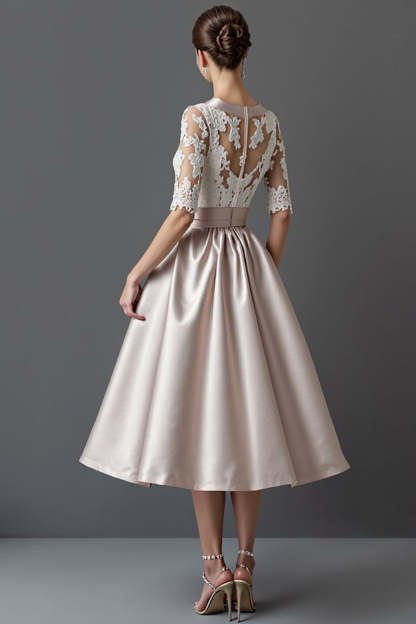 Apricot A Line Half Sleeves Satin Midi Mother of the Bride Dress with Lace
