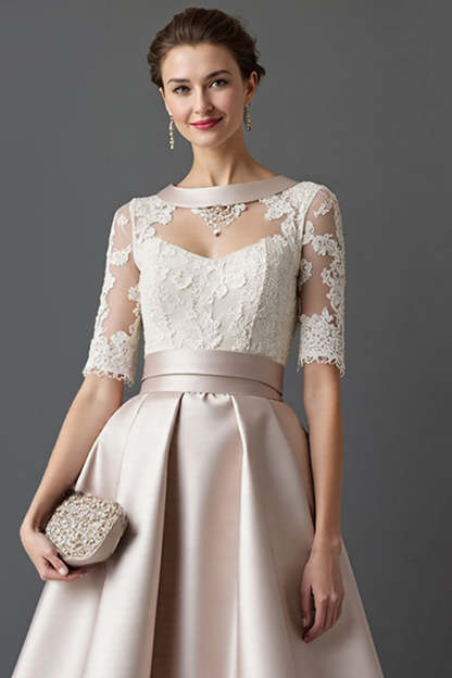 Apricot A Line Half Sleeves Satin Midi Mother of the Bride Dress with Lace