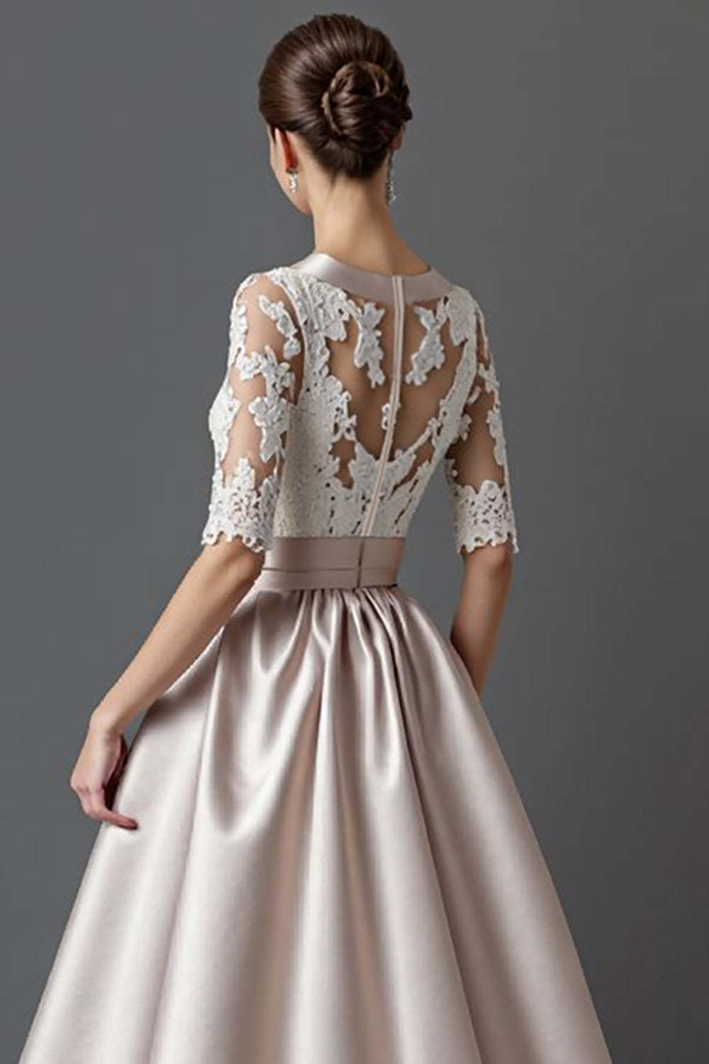 Apricot A Line Half Sleeves Satin Midi Mother of the Bride Dress with Lace
