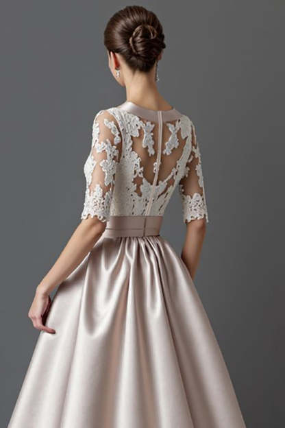 Apricot A Line Half Sleeves Satin Midi Mother of the Bride Dress with Lace