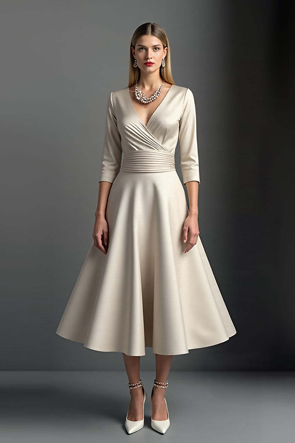 Leely Women Apricot Satin A Line Midi Mother of the Bride Dress V-Neck 3/4 Sleeves Ruched Wedding Guest Dress