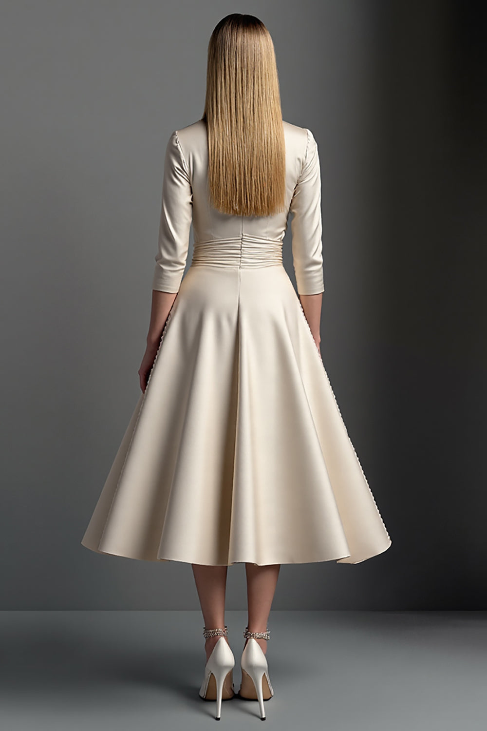 Apricot V-Neck Midi Satin A Line Mother of the Bride Dress
