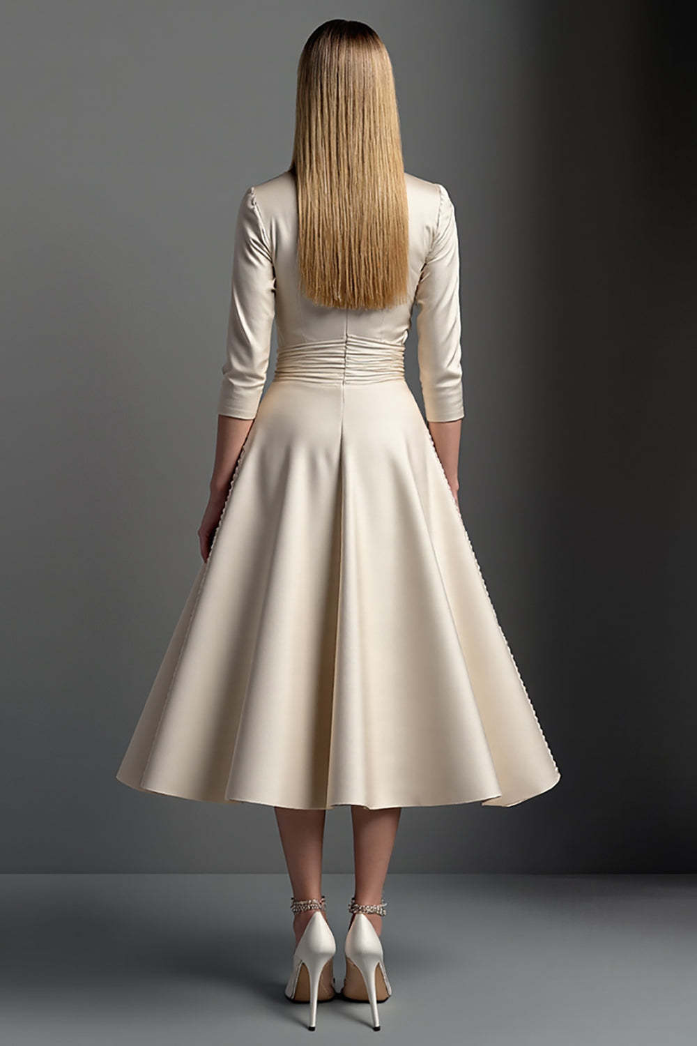 Apricot V-Neck Midi Satin A Line Mother of the Bride Dress