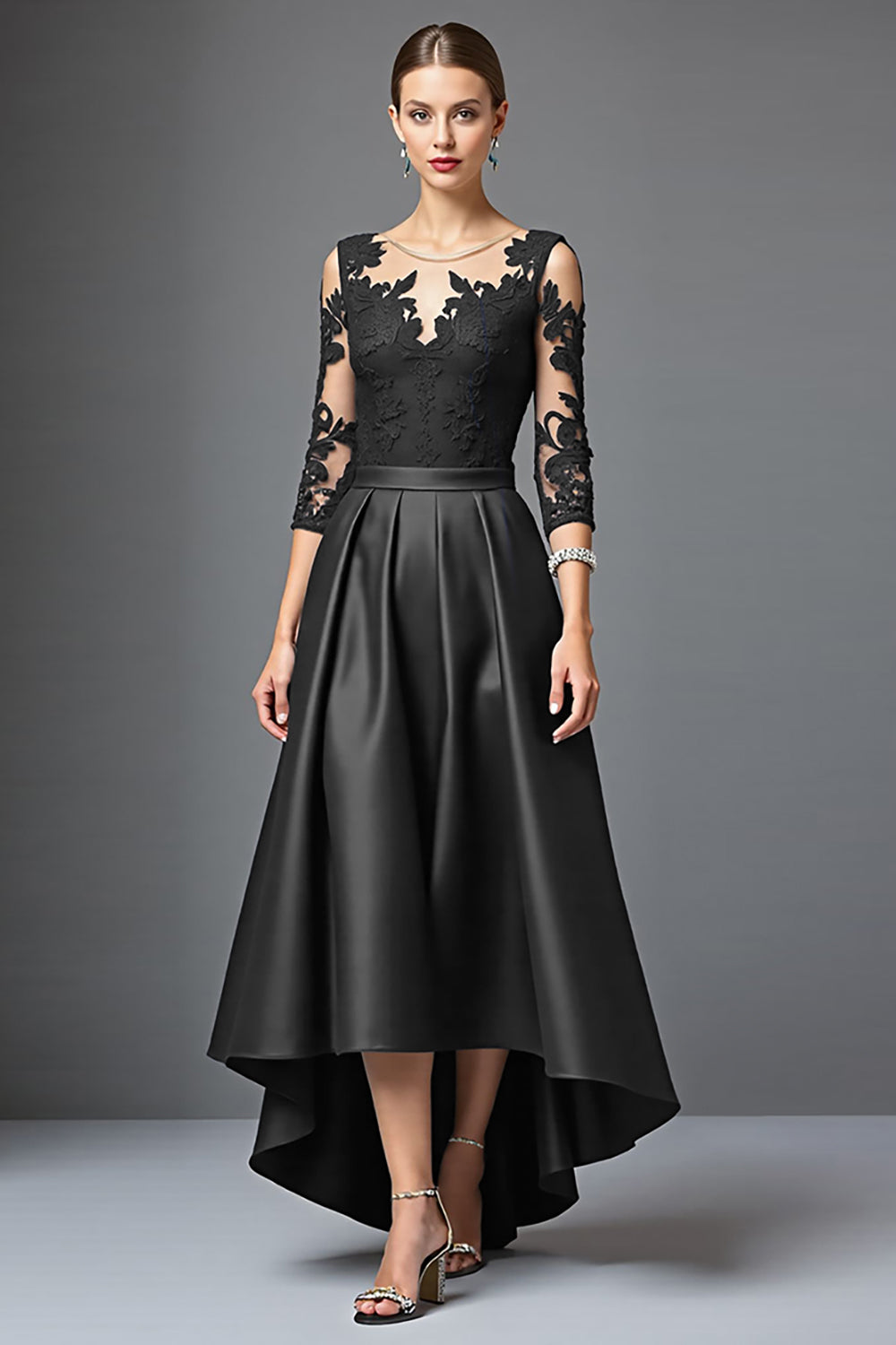 Black Satin A Line High Low Mother of the Bride Dress with Lace