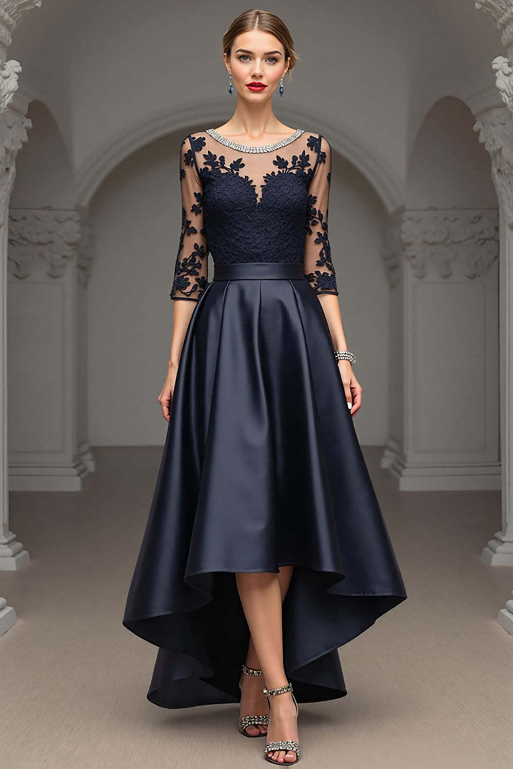 Leely Women Navy A Line High Low Satin Mother of the Bride Dress with Lace Illusion Neck 3/4 Sleeves Wedding Guest Dress with Rhinestones