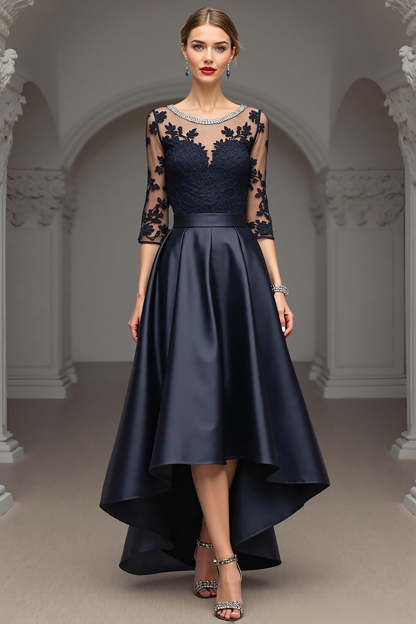 Leely Women Navy A Line High Low Satin Mother of the Bride Dress with Lace Illusion Neck 3/4 Sleeves Wedding Guest Dress with Rhinestones