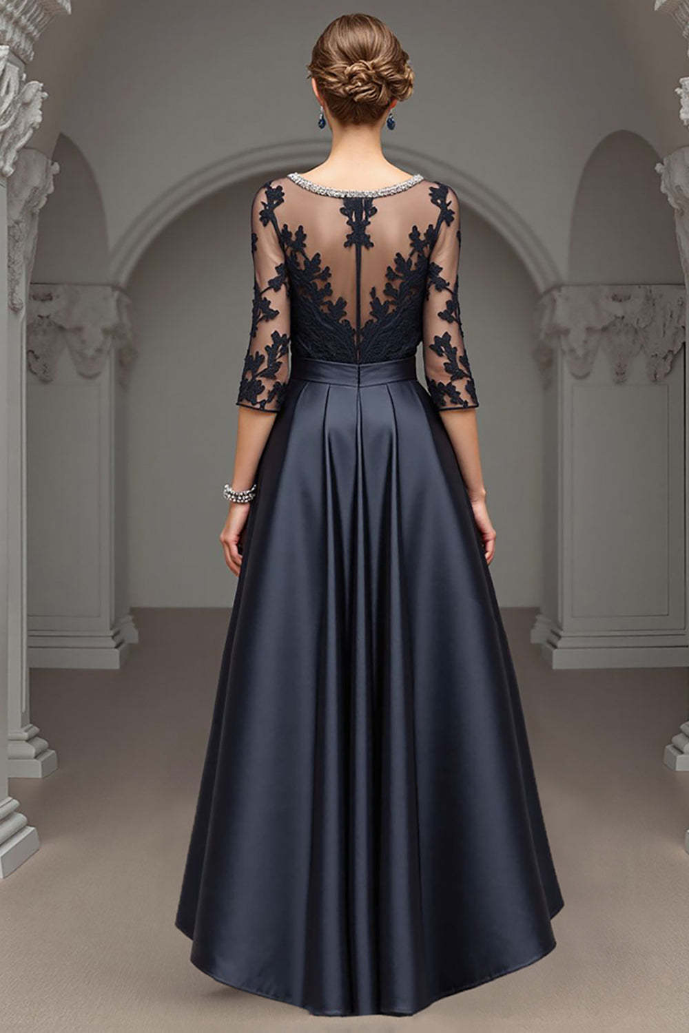 A Line Navy High Low Satin Mother of the Bride Dress with Lace
