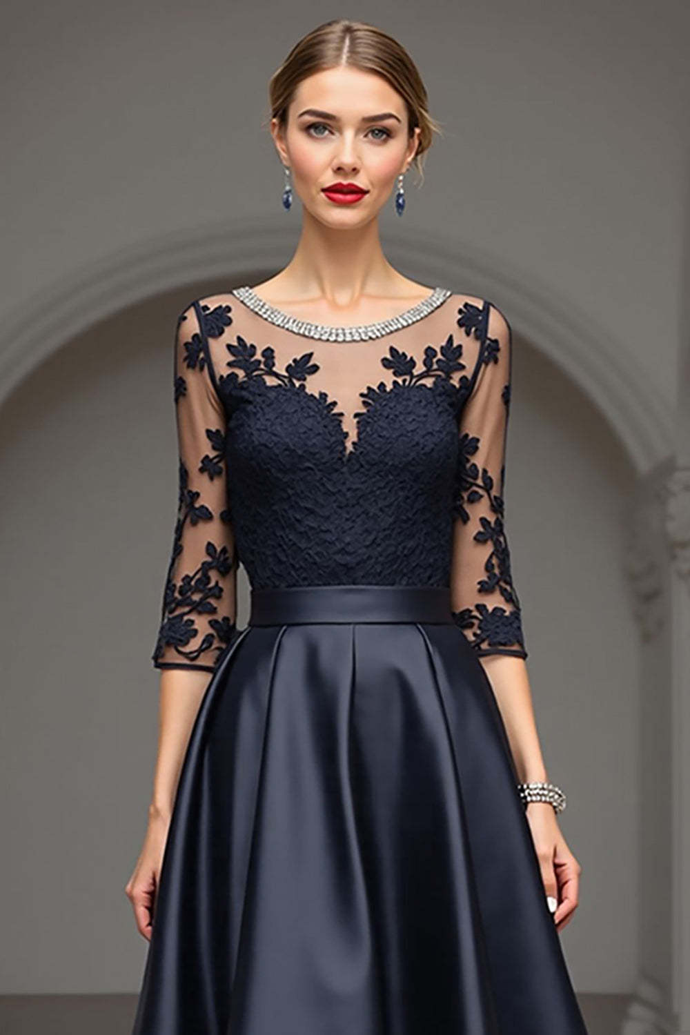 A Line Navy High Low Satin Mother of the Bride Dress with Lace