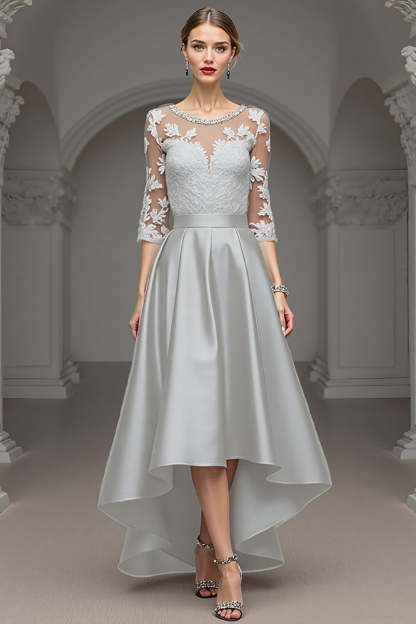 A Line Navy High Low Satin Mother of the Bride Dress with Lace