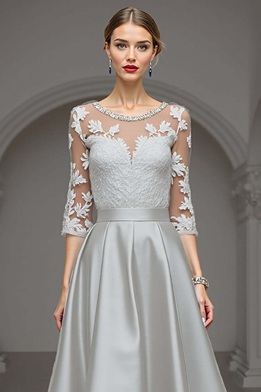 A Line Navy High Low Satin Mother of the Bride Dress with Lace