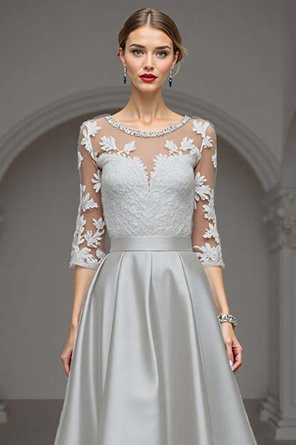 A Line Navy High Low Satin Mother of the Bride Dress with Lace