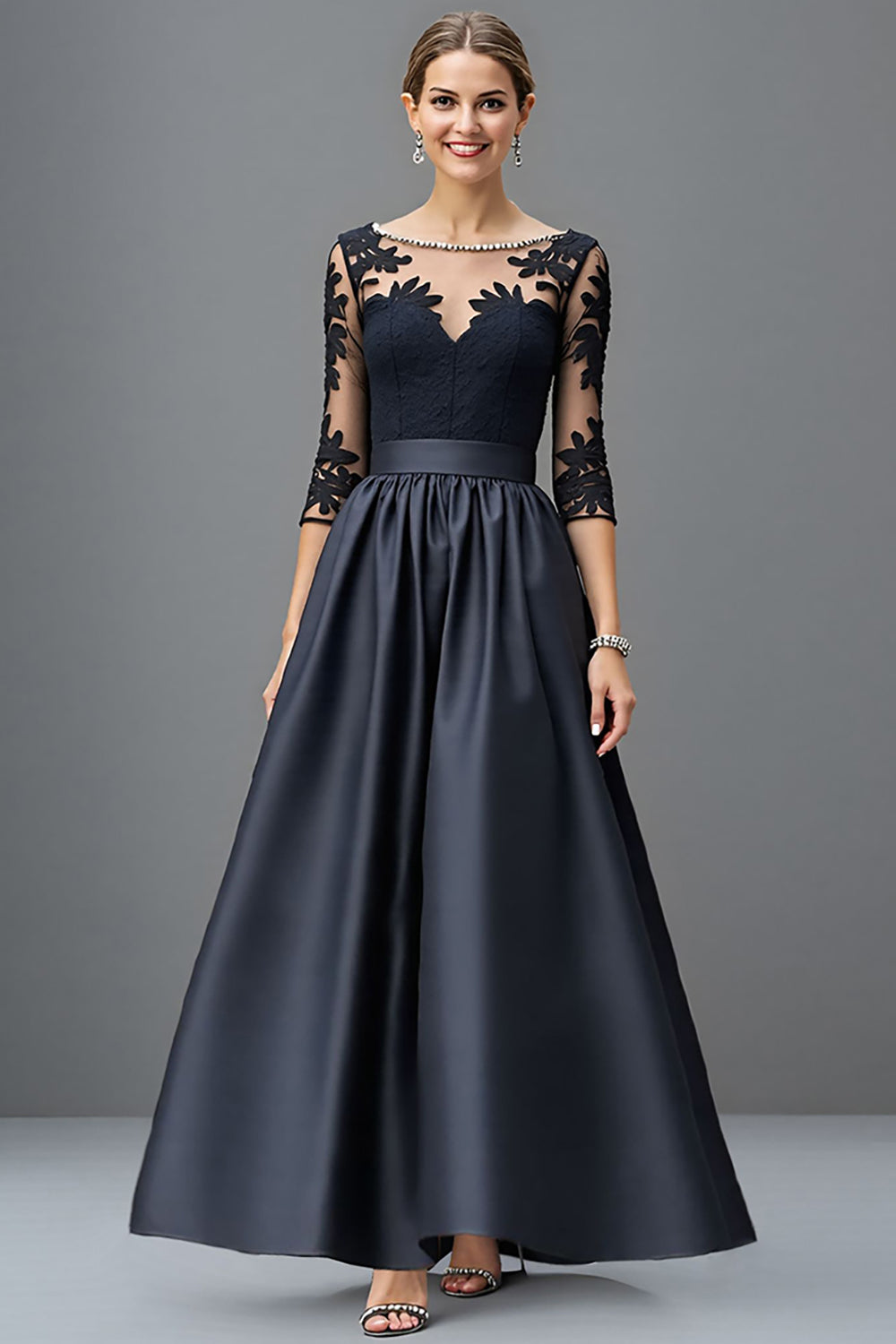 Leely Women Navy A Line Satin Maxi Mother of the Bride Dress with Lace 3/4 Sleeves Illusion Neck Formal Dress