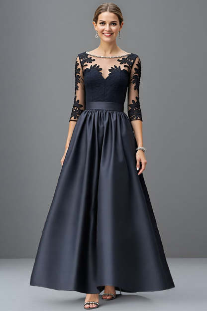 Leely Women Navy A Line Satin Maxi Mother of the Bride Dress with Lace 3/4 Sleeves Illusion Neck Formal Dress
