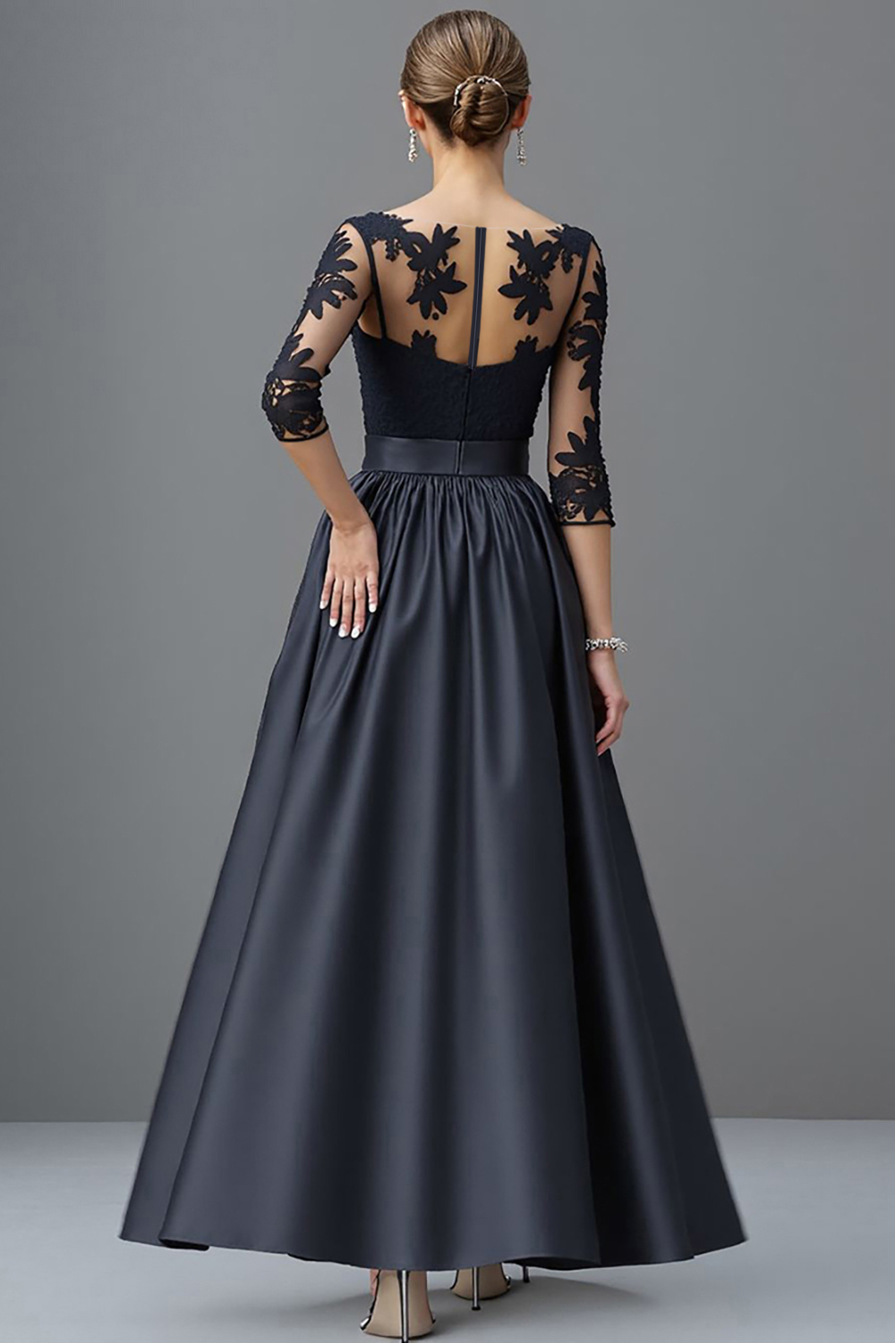 Satin Navy A Line Maxi Mother of the Bride Dress with Lace