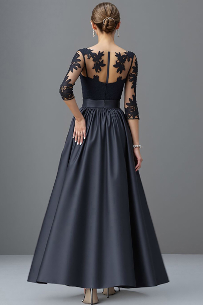 Satin Navy A Line Maxi Mother of the Bride Dress with Lace